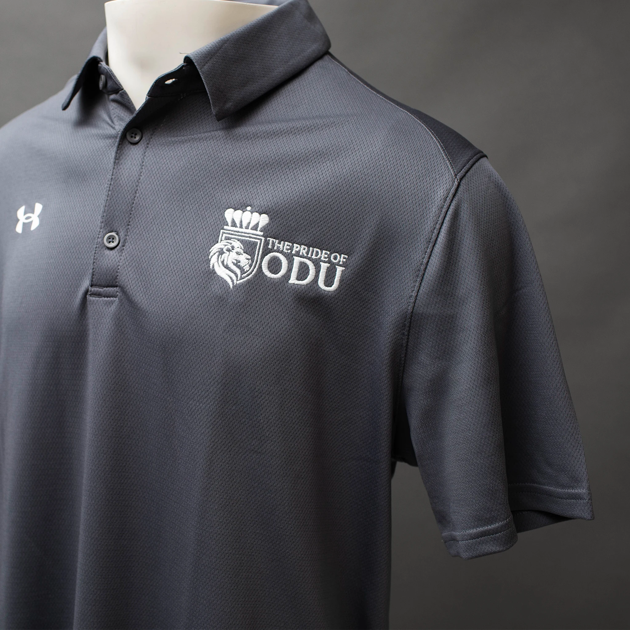 Men's Team Tech Polo in Gray chest embroidery detail