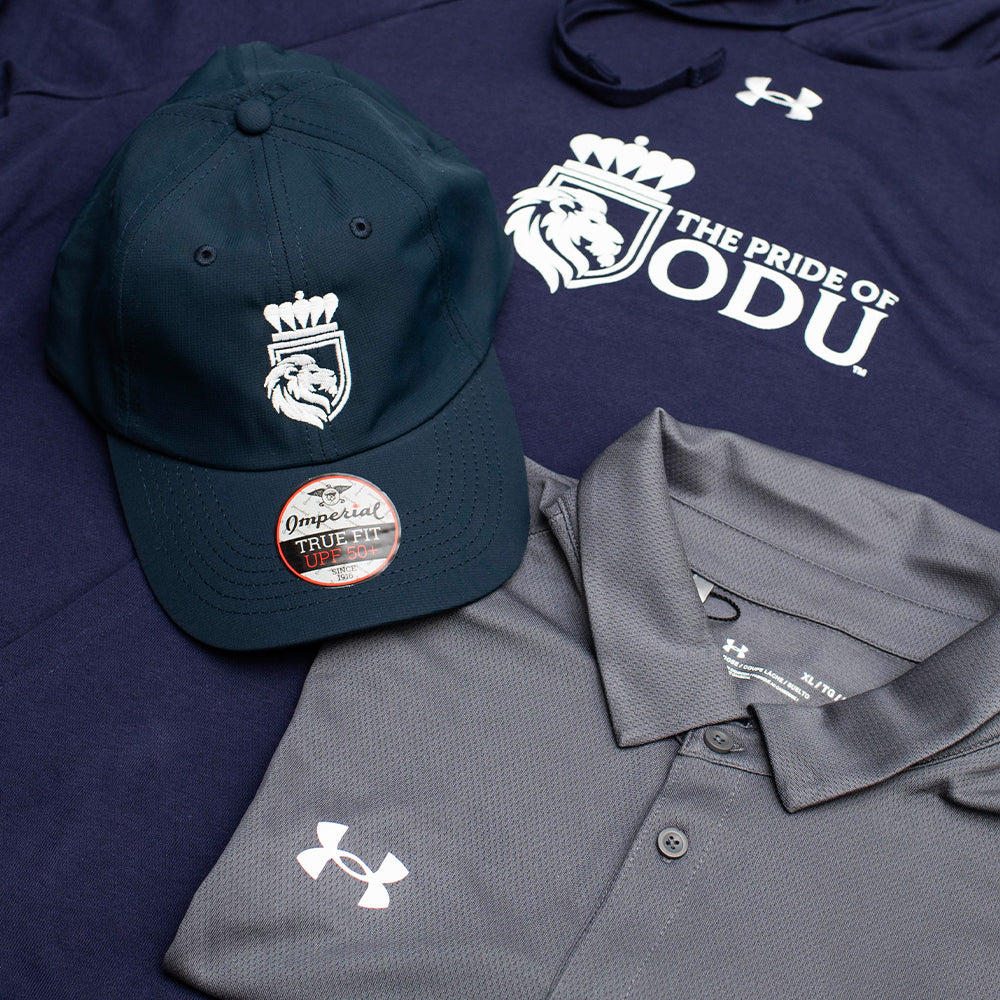 Closeup of the Pride of ODU cap, Men's Tech Polo, and Rival Fleece