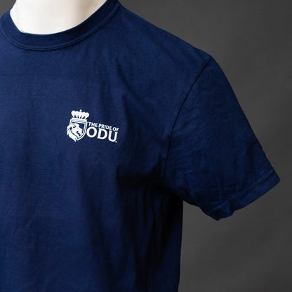 Logo detail of the Adult Heavy Weight Tee in Midnight Navy